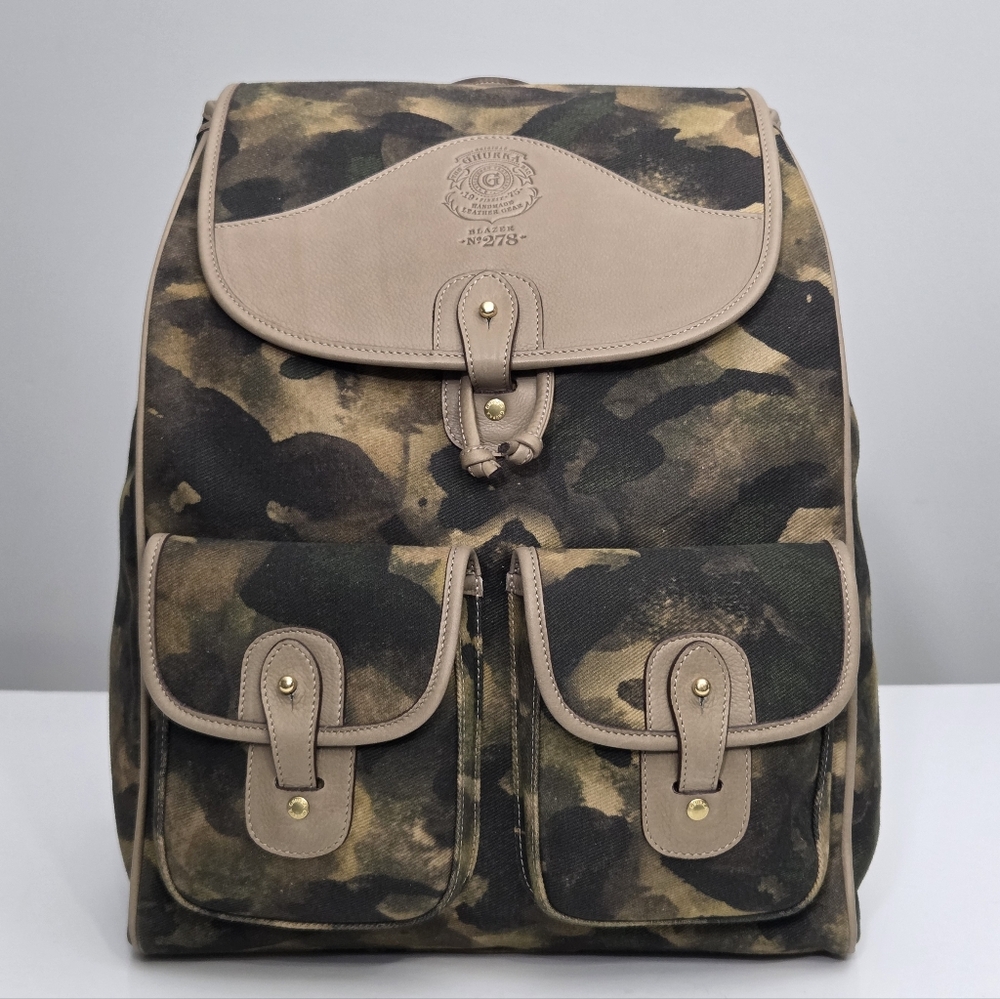 GHURKA BLAZER NO 278 CAMO CAMOUFLAGE TWILL LEATHER TRIM BACKPACK BAG